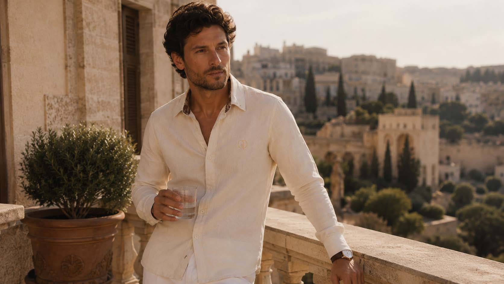 Mann in cremefarbenem Leinenhemd auf einer Terrasse über einer italienischen Altstadt