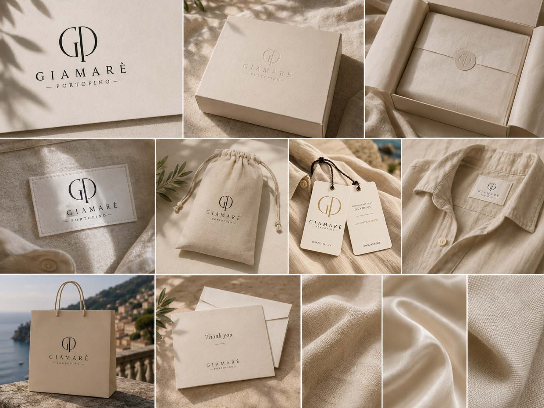 Verpackung und Markendetails von Giamarè — Boxen, Etiketten, Leinensäckchen und das GP-Monogramm