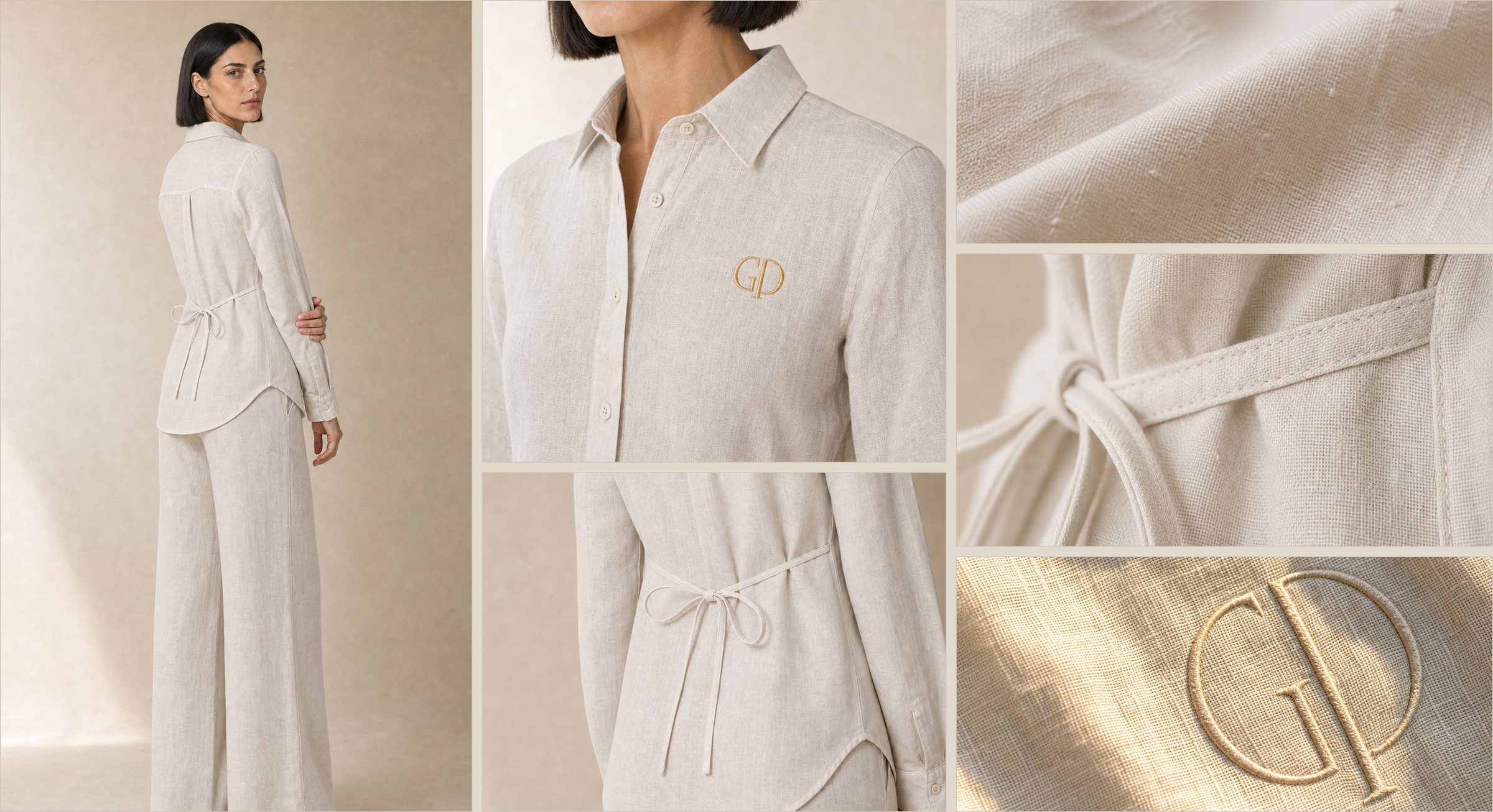 Editorial-Collage: Schnitt, Bindegürtel, Leinenstruktur und das gestickte GP-Monogramm
