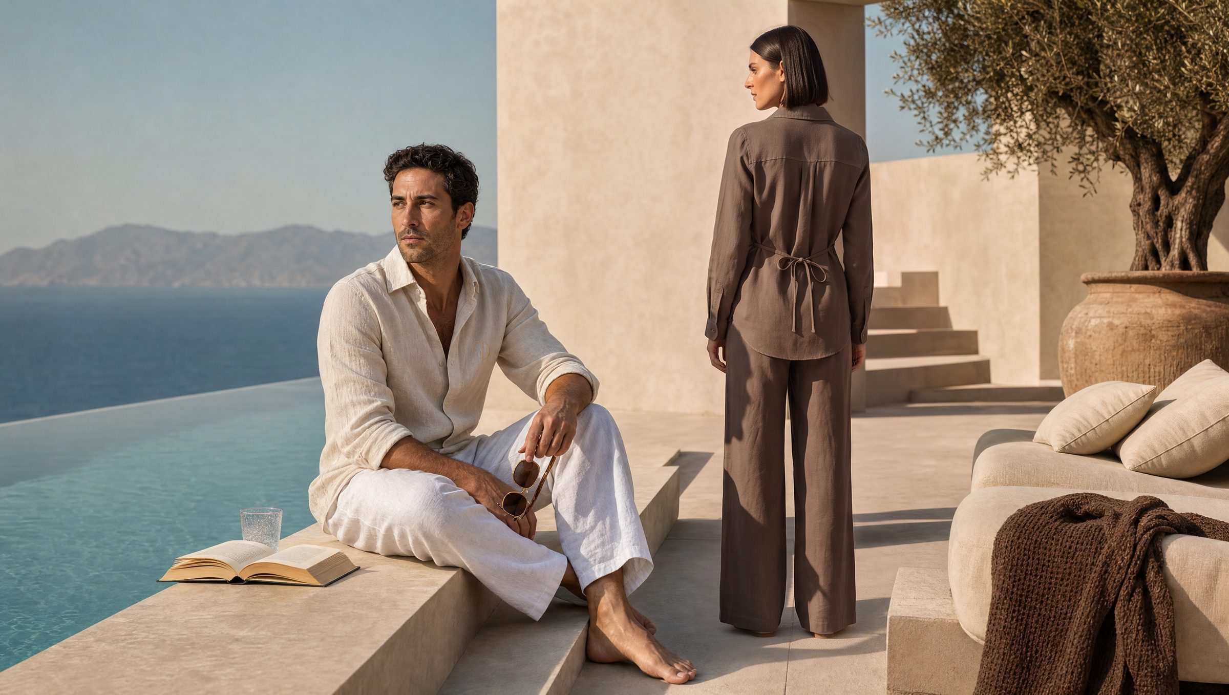 Sie und er in Leinen auf einer Terrasse über dem Meer — Avorio und Noce